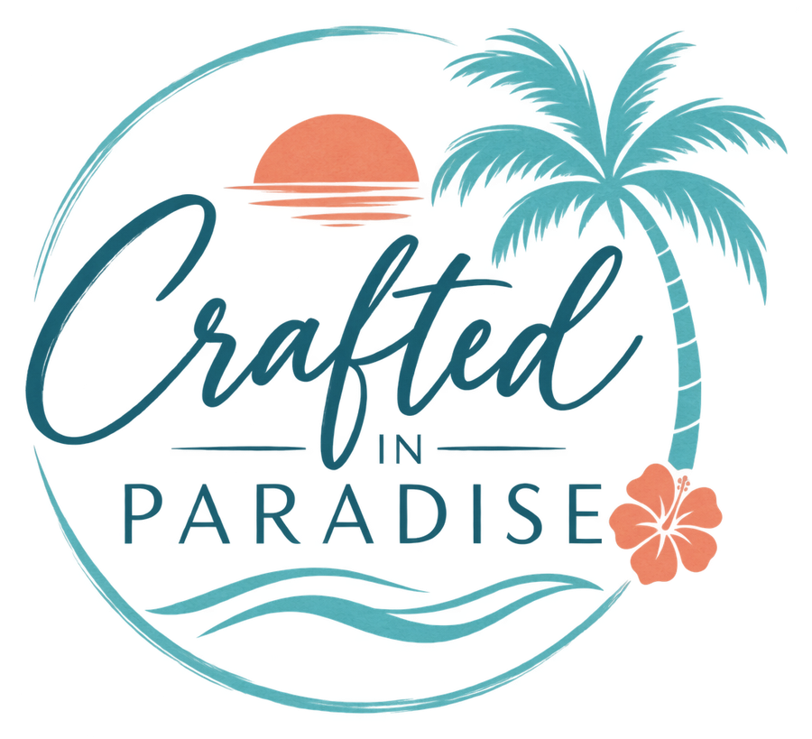 Crafted in Paradise — a palm tree, setting sun and hibiscus framing hand-lettered type