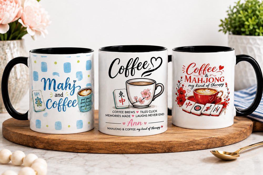 Three personalized coffee mugs with black handles, printed with mahjong and coffee designs and a customer's name