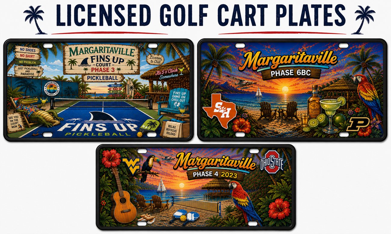 Three novelty golf cart licence plates with tropical beach, pickleball court and sunset designs under a Licensed Golf Cart Plates banner