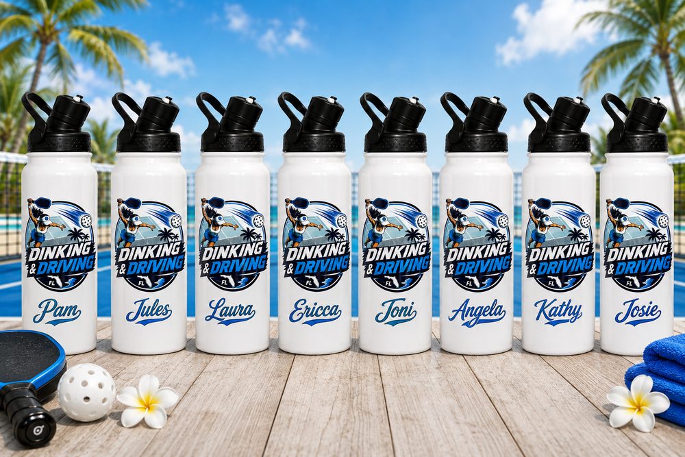 Eight white 32 ounce sports water bottles by a pickleball court, each printed with a Dinking & Driving team logo and a player's name