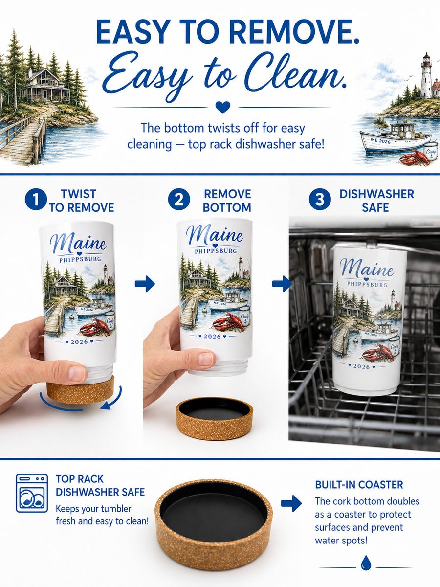 Three-step guide: twist the cork base off the tumbler, lift it away, then wash the tumbler on the dishwasher's top rack. The cork base doubles as a coaster.